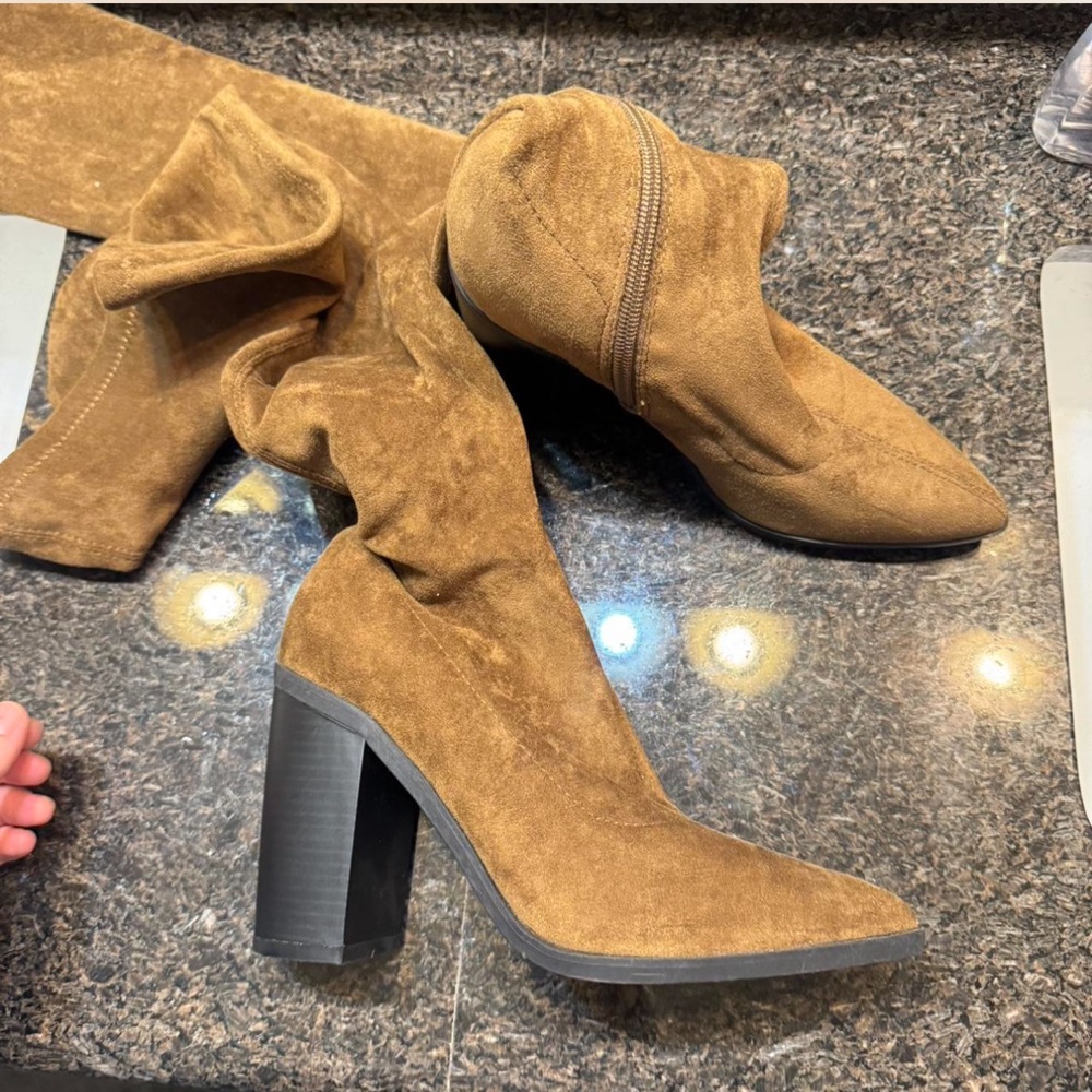 Tan Suede Block Heel Boots